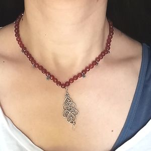 Upcycled / repurposed red beaded choker with silver pendant